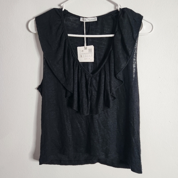 Zara Tops - Zara Linen Ruffled Neck Black Tank Top S